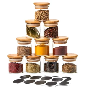 Small Glass Spice Jars With Bamboo Airtight Lids and Labels for Cereal Tea Herbs and Coffee Storage