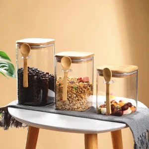 Small Glass Spice Jars with Spoons Airtight Bamboo Lids for Food Storage