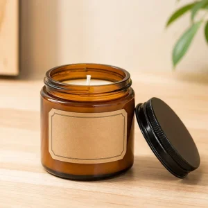Small Modern Amber Glass Jar Soy Wax Aromatherapy Scented Candle with Black Lid for Valentine’s Day and Christmas