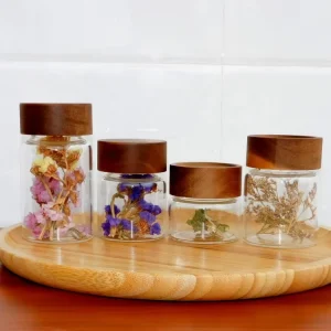 Small Screw-Top High-Borosilicate Glass Spice and Herb Storage Jar with Acacia Wooden Lid