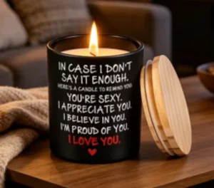 Soy Wax Blend in Black Glass Vessel with Bamboo Lid Combining Warm Aroma and Sweet Printed Words to Create a Loving Atmosphere