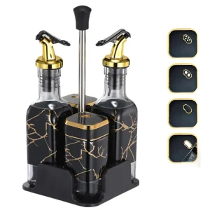 Spice Jars with Black Twist Lid Salt Shaker Oil Set Glass Seasoning Bottle Luxury Oil and Vinegar Dispenser Set with Caddy