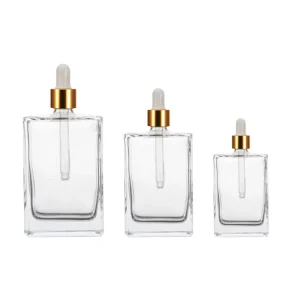 Spot Flat Square Rectangle Luxury 15ml 30ml 50ml 100ml Glass Dropper Bottles with Gold Collar for Serum Essential Oil