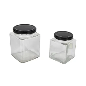 Square Airtight Glass Canning Jar with Black Screw Cap Lid, 50 ml to 200 ml, for Sugar, Candy, and Storage