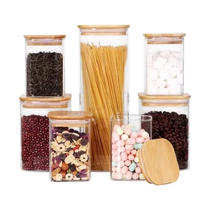 Square Borosilicate Glass Food Storage Jar with Bamboo Lid, Airtight