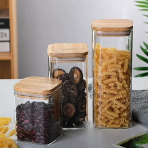 Square Borosilicate Glass Spice Storage Jars with Bamboo Lids