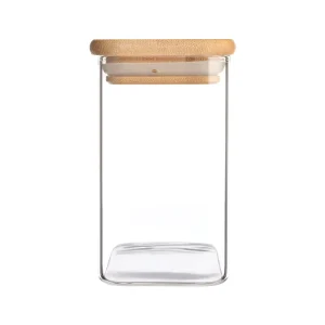 Square Borosilicate Glass Storage Jar with Airtight Bamboo Wooden Lid for Kitchen Pantry