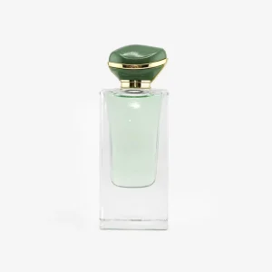 Square Clear Glass Perfume Bottle 30ml 50ml 100ml with Green Gem Cap & Gold Trim