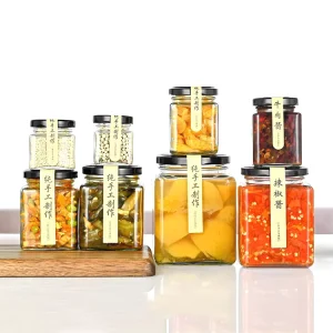 Square Food-Grade Glass Storage Jar with Airtight Lid for Hot Sauce Honey Jam Pickles and Spices