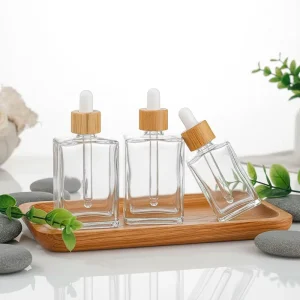 Square Glass Essential Oil and Hair Oil Dropper Bottle with Bamboo Dropper, 30ml 50ml 100ml