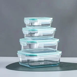 Square Glass Food Container Set 375ml 640ml 1040ml 1520ml for Heating and Lunch