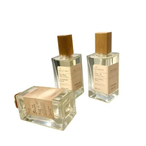 Square Glass Perfume Bottle Empty 30ml 50ml 100ml Clear Spray Container with Wooden Cap Refillable Packaging