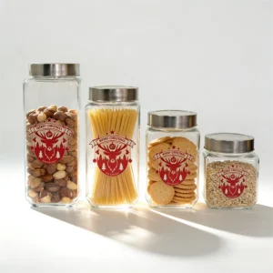 Square Glass Storage Container with Stainless Steel Lid Custom Decorated for Food Packaging