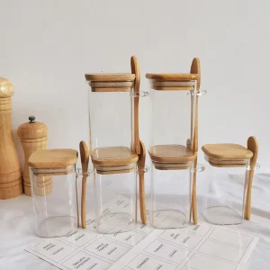 Square Glass Storage Jar Set with Bamboo Lid and Spoon, Bamboo Rack