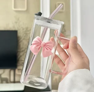 Square Glass Water Cup with Handle Flat Bottom and Straw