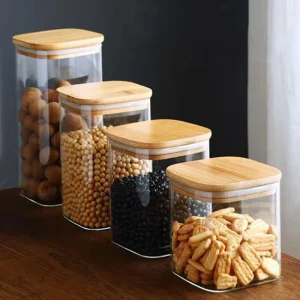Square High Borosilicate Glass Canister With Heat-Resistant Glass and Bamboo Lid