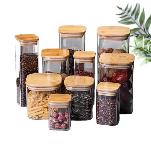 Square High Borosilicate Glass Food Storage Containers Set with Buckle Bamboo Lids Large Food Grain Snacks Jar for Kitchen Use