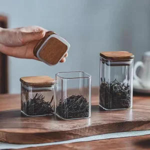 Square High-Borosilicate Glass Storage Jars with Bamboo Lids, Microwavable and Airtight