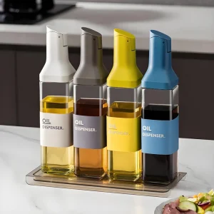 Square Mouth Auto Open Glass Oil Dispenser Leak Proof Seal + Labeled Design + Multi Color Lid for Vinegar Oil Sauce