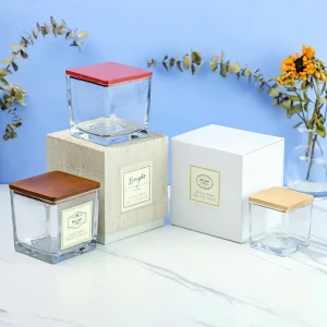 Square/Rectangle Empty Glass Scented Candle Jar with Wooden Lid