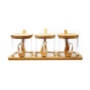 Square Ripples Kitchen Organizer Glass Spice Jars Set with Bamboo Tray Storage Boxes for Sugar Salt Seasoning Herb Spice Tools