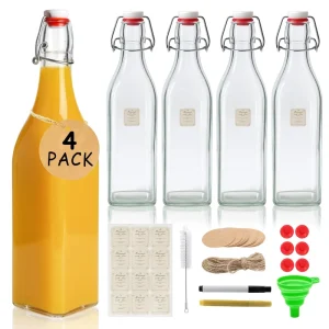 Square Swing Top Flip Top Airtight Glass Bottles with Stopper for Kombucha Juice Syrup Vanilla Extract Beer and Kefir