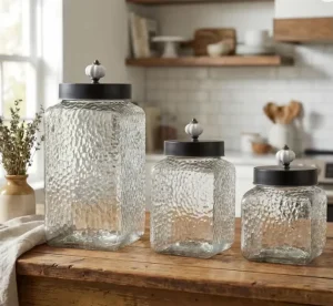 Square Textured Glass Kitchen Canister for Kitchen Storage
