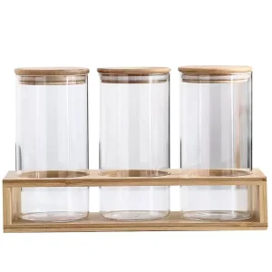 Stackable Airtight Glass Jar Storage Containers with Bamboo Lids and Tray Wood Lid Glass Spice Jars for Food Storage