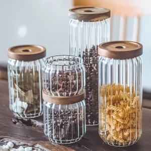 Stackable Borosilicate Glass Storage Jar Set With Wood Lid 750ml 1000ml 2L Round Airtight Canister