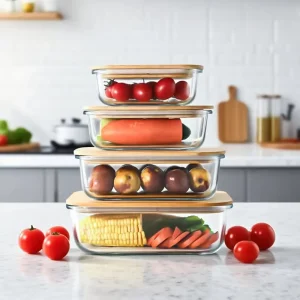 Stackable Glass Lunch Boxes Rectangle Round Square Varies Shapes and Capacities Lunch Box with Bamboo Cover Microwave safe
