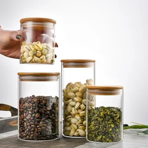 Stackable Kitchen Canisters Set Clear Glass Food Storage Jars Containers with Airtight Bamboo Lid