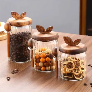 Striped Glass Spice Storage Jar with Wooden Lid and Stainless Steel Spoon