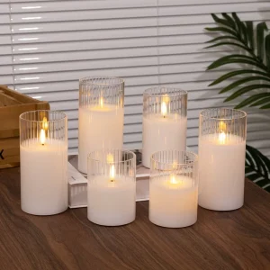 Striped Roman Column Glass Jar LED Wax Candle Flameless Moving Wick for Wedding Decoration Diwali