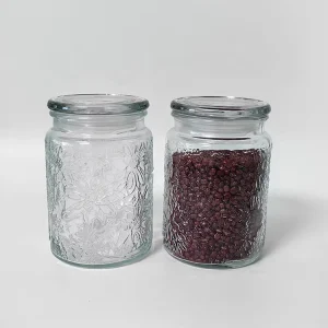 Sustainable Embossed Jam Jar with Wide Mouth Food Grade Carved Kitchen Canisters with Airtight Glass Lid for Kitchen Pantry