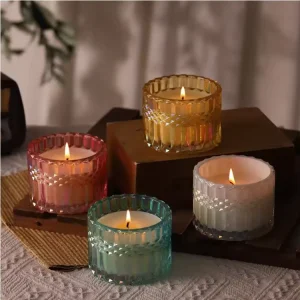 Sustainable Soy Wax Candle in Assorted Colored Cut Glass Jars Clean Burning Eco Friendly Great for Home Use Thoughtful Gifting