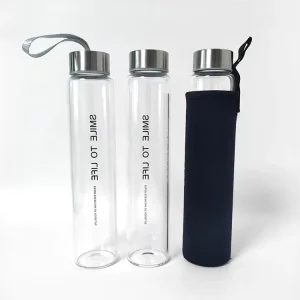 Tall Portable Glass Juice and Beverage Bottle with Stainless Steel Lid for Coffee and Tea