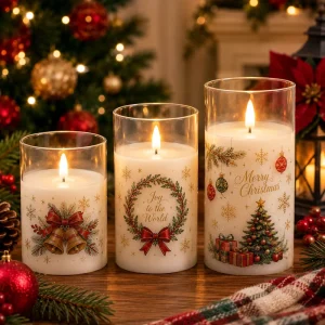 Tattoo Stickers Christmas Ornament LED Candles 3-Piece Set with Glass Jar Vessels Tin
