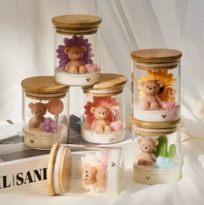 Teddy Bear and Flower Scented Candle Glass Jar with Wooden Lid Soy Wax Candle