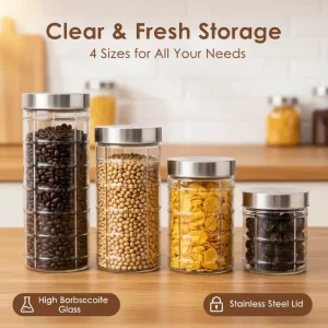 Textured Borosilicate Glass Storage Jars with Airtight Stainless Steel Lids, Multi-Size Stackable Food-Safe Kitchen Set