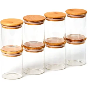 Top Quality 8 Piece Set 8oz Reusable Eco Round Trumpet Kitchen Storage Glass Bottles Jars With Bamboo Lid