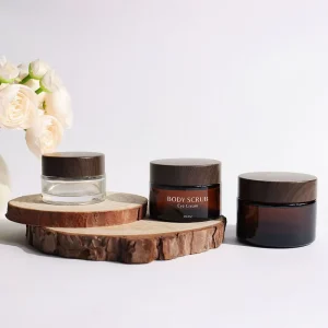 Transparent Amber 30g 50g 60g 100g Round Glass Body Scrub Jars with Dark Plastic or Wood Lids