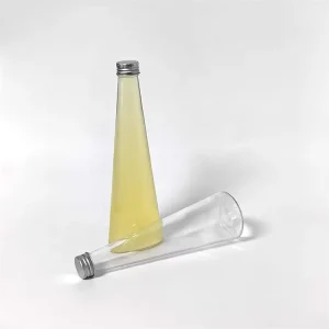 Transparent Conical Glass Drinking Bottle with Aluminum Cap for Beverage and Juice
