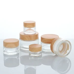 Transparent Glass Cream Jar Wood Grain Style Lid Airtight Eye Face Cream Bottle Cosmetic Container Household Dispenser Ly05