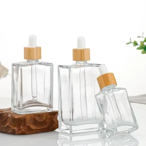Transparent Glass Empty Cosmetic Bottles Dropper Flat Square Design For Essential Oil Serum Lotion 30ml Model BB 23