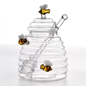 Transparent Glass Honey Jar with Lid and Glass Stirring Stick
