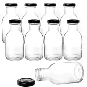 Transparent Glass Juice Sauce Container 8oz 12oz 16oz Stout Bottle with Metal Lug Cap