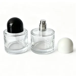 Transparent Glass Perfume Bottles 30ml 50ml 100ml Cylindrical Pump Sprayer Black White Dome Cap Custom Logo