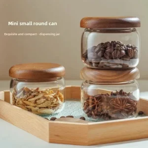 Transparent Striped Bamboo Covered glass Jar Kitchen Moisture proof Storage Small Round Jar Food Grade Coffee Bean glass Jar