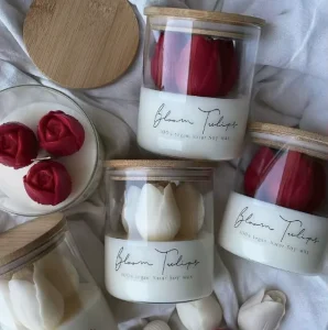 Tulip-Shaped Scented Soy Wax Candle in Glass Jar with Wooden Lid