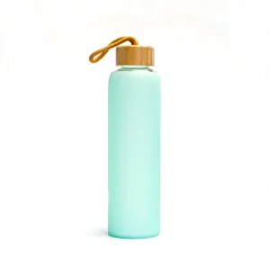 Unbreakable Glass Sports Water Bottle with Sleeve, Strap and Wooden Lid